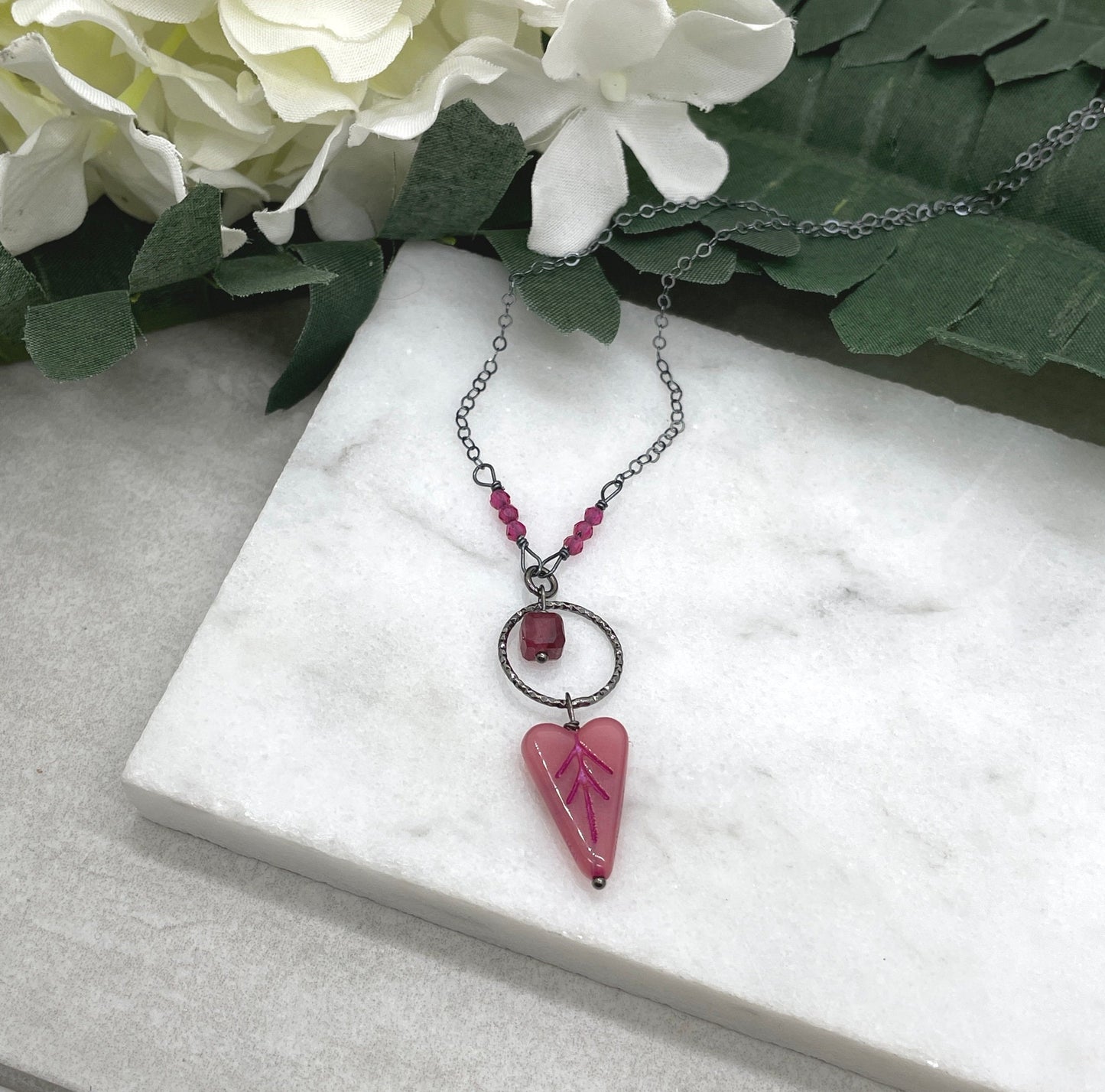 Necklace with an Oxidized Silver Loop, Pink Crystals, Jade and a Pink Czech Glass Heart on an Oxidized, Sterling Silver Cable Chain CDN-883