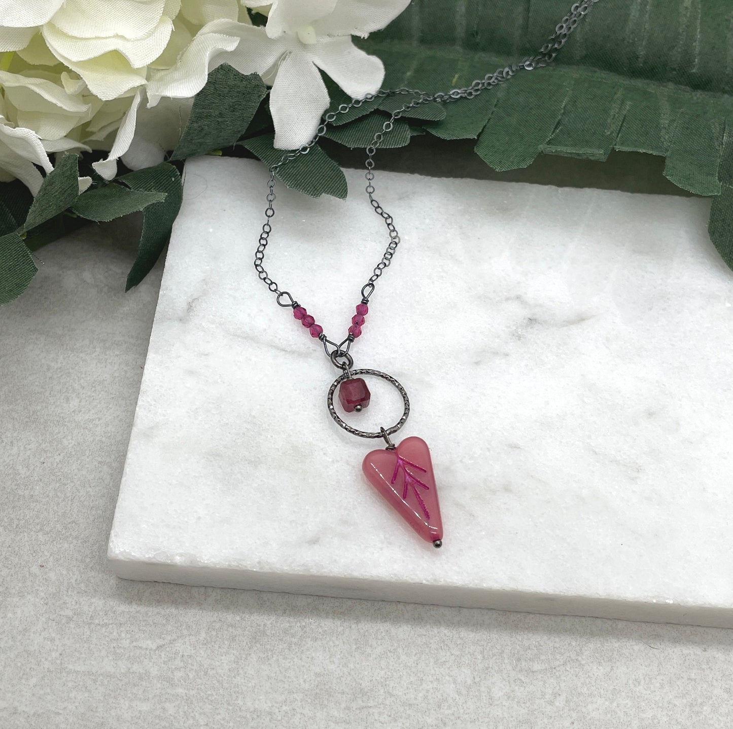 Necklace with an Oxidized Silver Loop, Pink Crystals, Jade and a Pink Czech Glass Heart on an Oxidized, Sterling Silver Cable Chain CDN-883