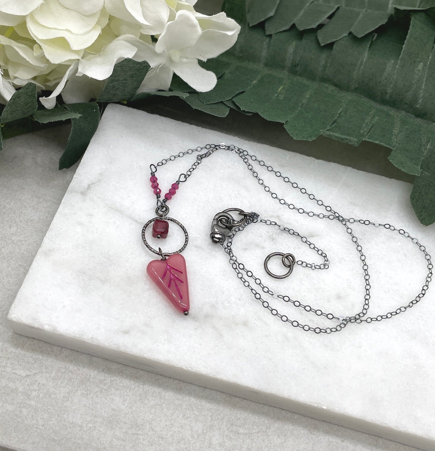Necklace with an Oxidized Silver Loop, Pink Crystals, Jade and a Pink Czech Glass Heart on an Oxidized, Sterling Silver Cable Chain CDN-883