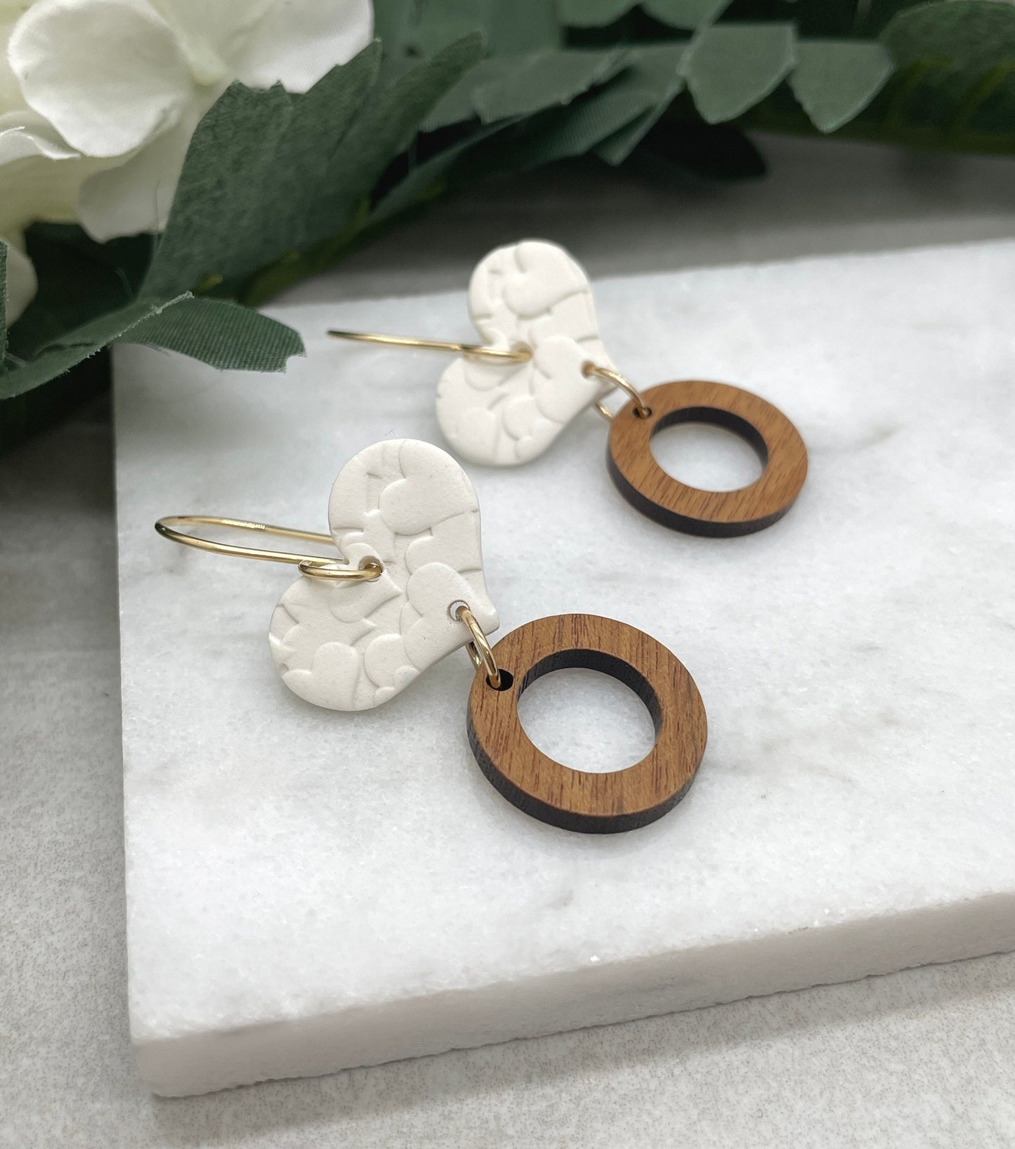 Earrings made with White Polymer Clay Hearts Textured with Hearts and Wood Circles on Gold Filled Earring Wires PCE-613