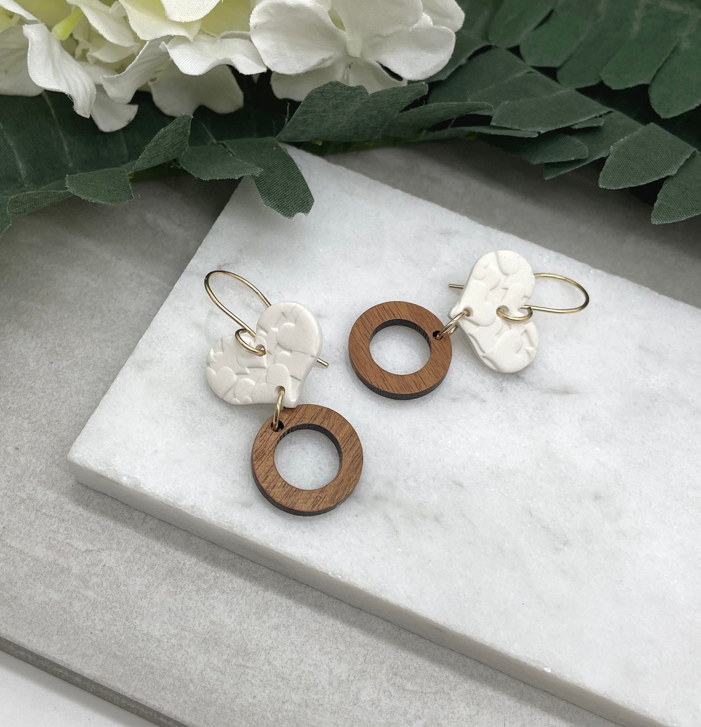 Earrings made with White Polymer Clay Hearts Textured with Hearts and Wood Circles on Gold Filled Earring Wires PCE-613