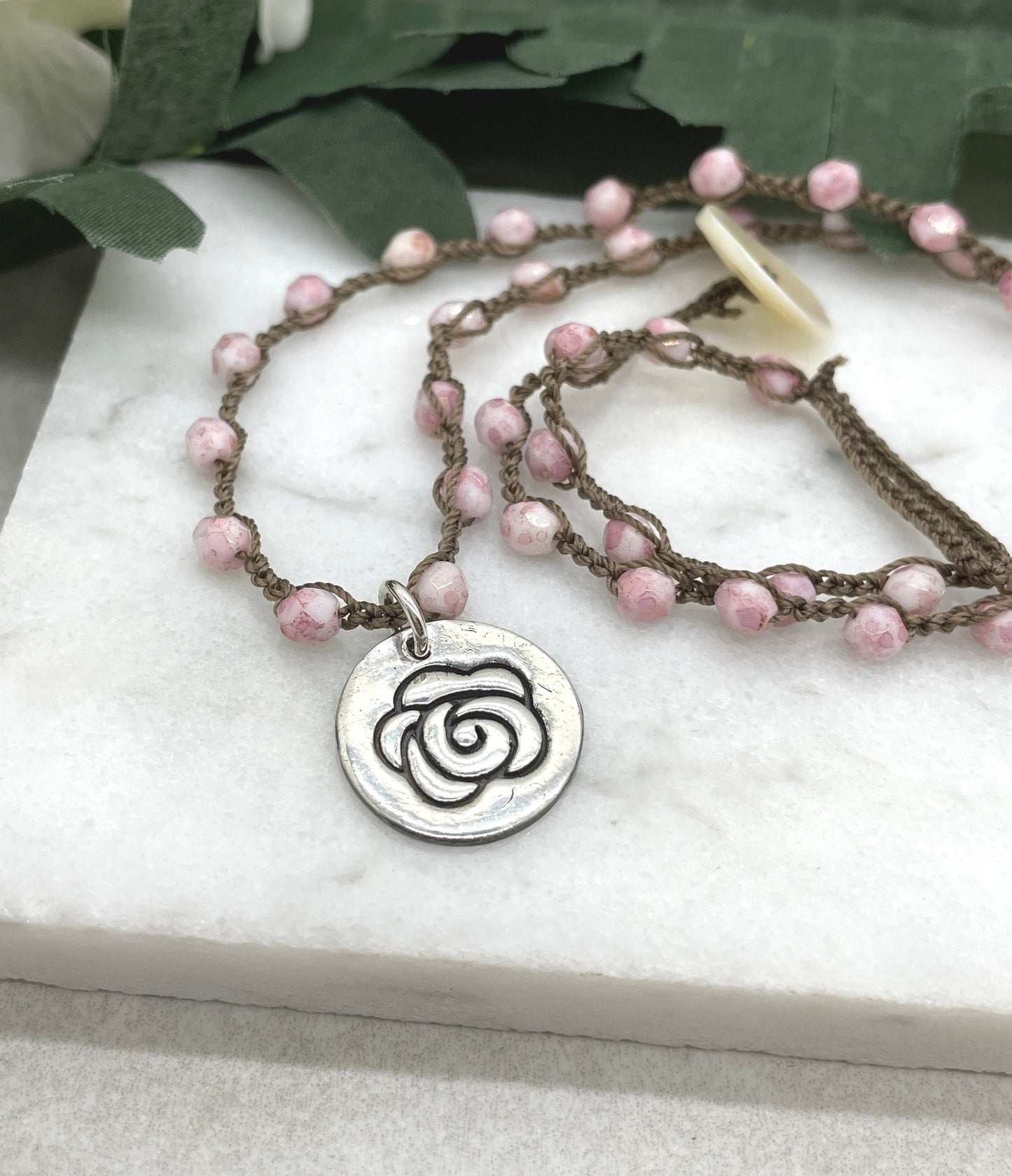 Crocheted Necklace with a Brown Cord, Pink Picasso Czech Glass Beads and a Round, PMC Pendant with a Rose SN-623