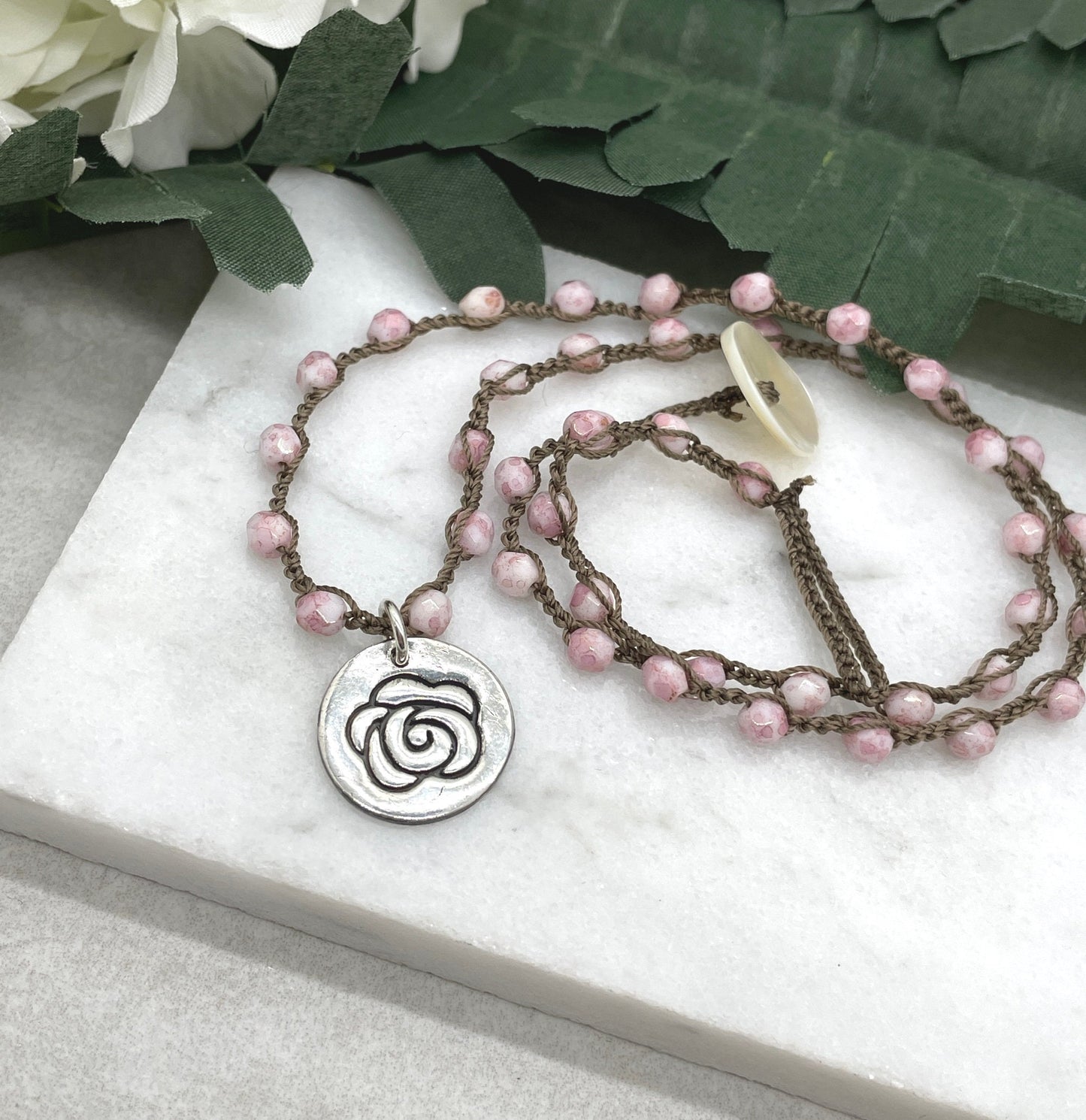Crocheted Necklace with a Brown Cord, Pink Picasso Czech Glass Beads and a Round, PMC Pendant with a Rose SN-623