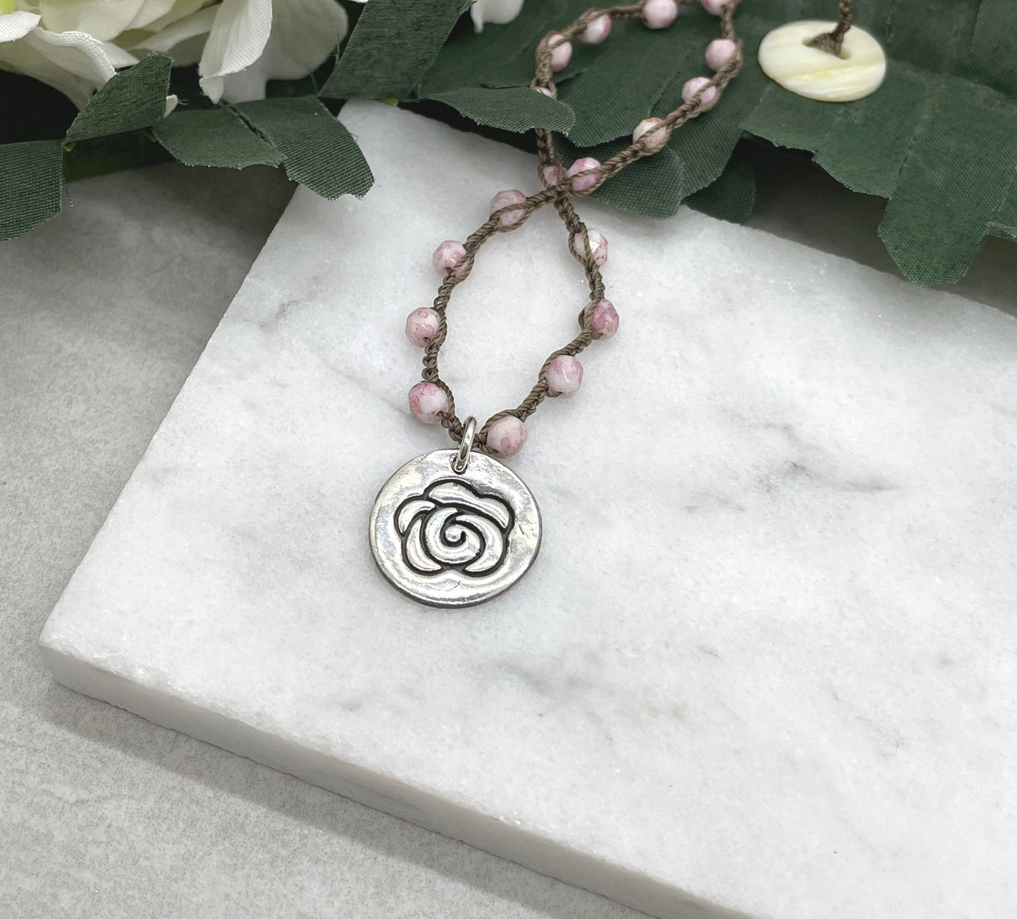 Crocheted Necklace with a Brown Cord, Pink Picasso Czech Glass Beads and a Round, PMC Pendant with a Rose SN-623