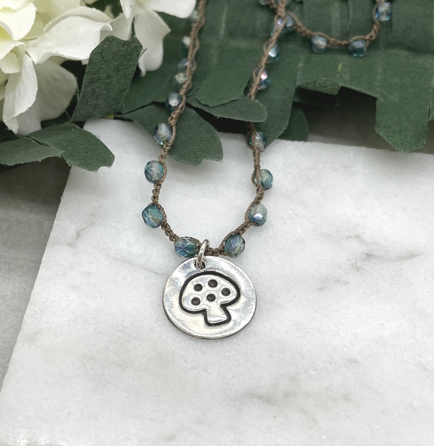 Crocheted Necklace with a Brown Cord, Blue/Green Czech Glass Beads and a Round, PMC Pendant with a Mushroom SN-624