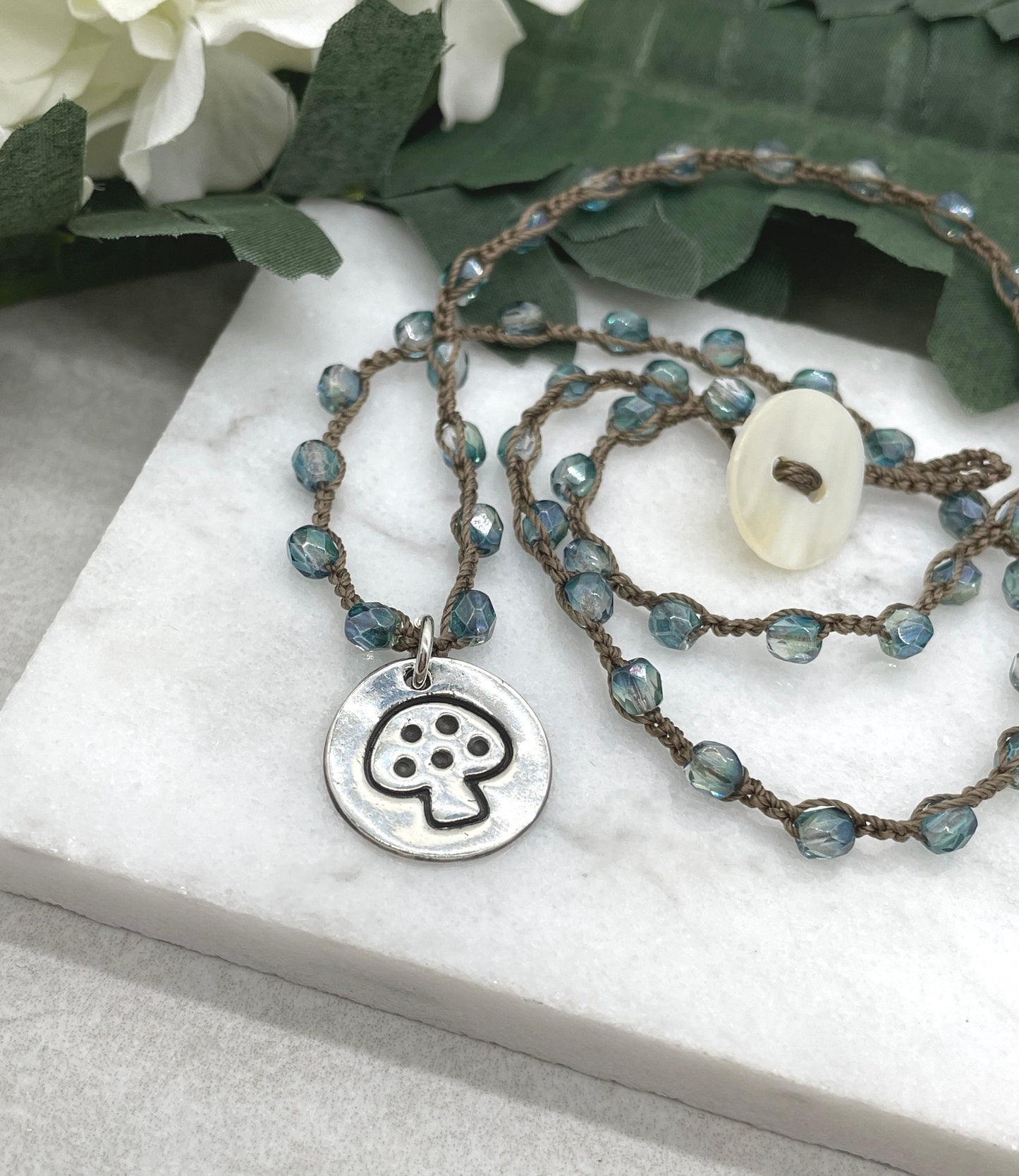Crocheted Necklace with a Brown Cord, Blue/Green Czech Glass Beads and a Round, PMC Pendant with a Mushroom SN-624