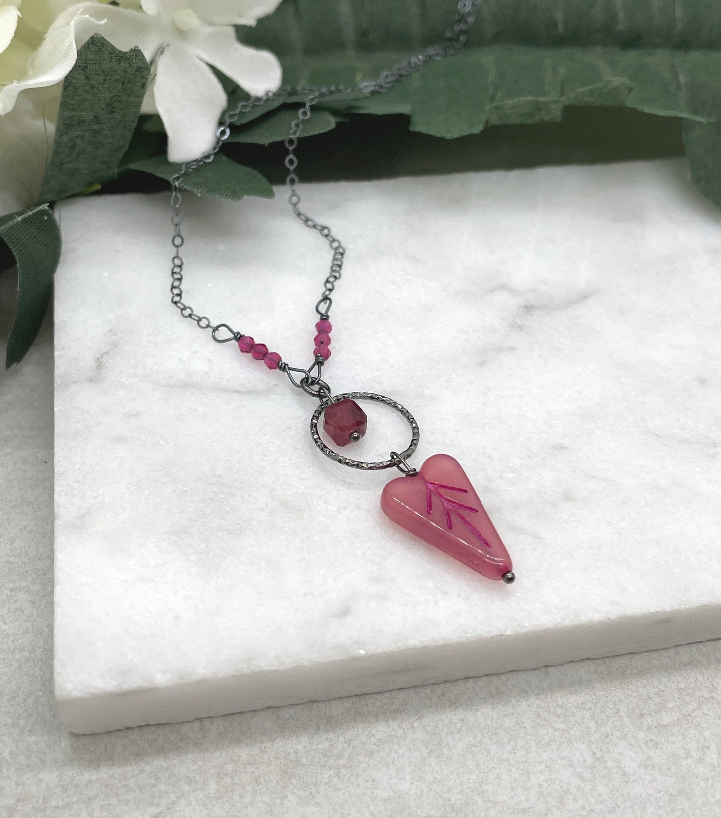 Necklace with an Oxidized Silver Loop, Pink Crystals, Jade and a Pink Czech Glass Heart on an Oxidized, Sterling Silver Cable Chain CDN-883