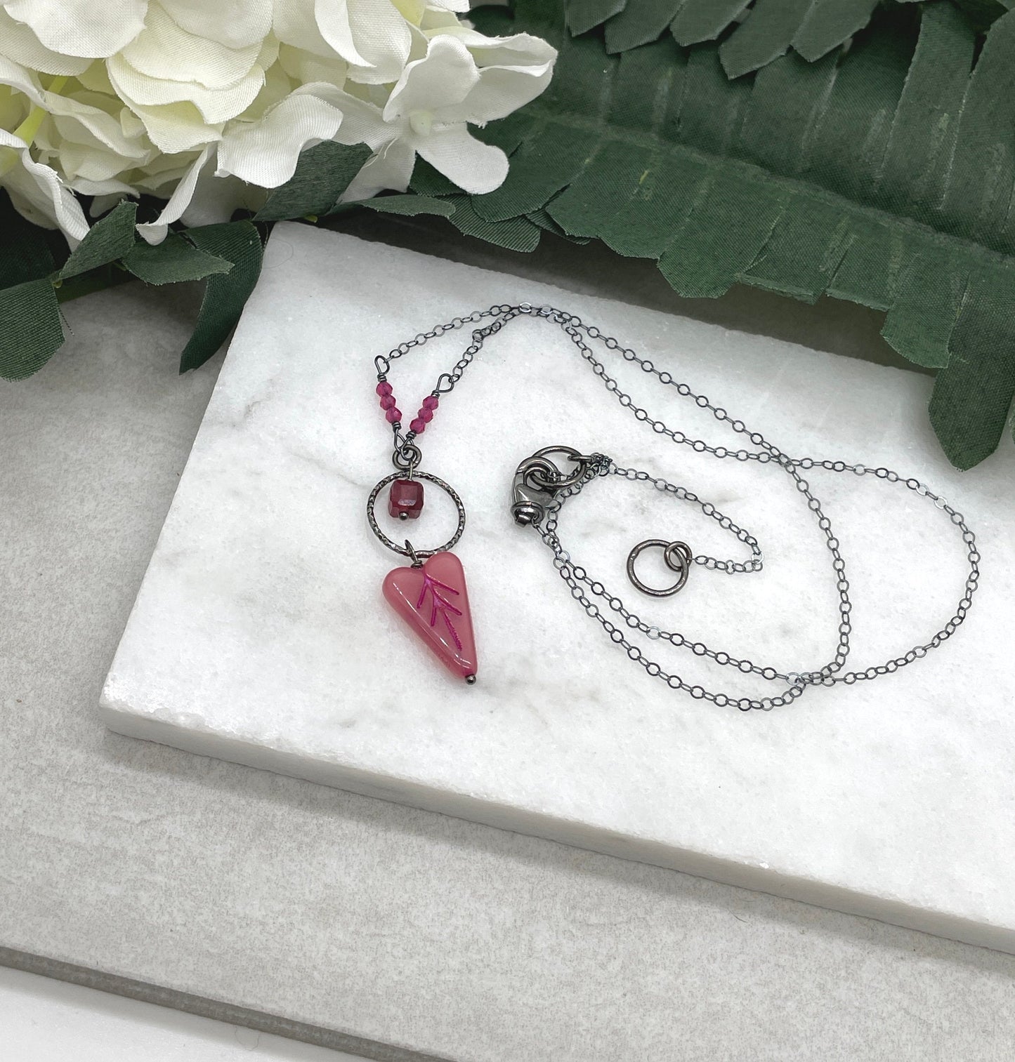 Necklace with an Oxidized Silver Loop, Pink Crystals, Jade and a Pink Czech Glass Heart on an Oxidized, Sterling Silver Cable Chain CDN-883
