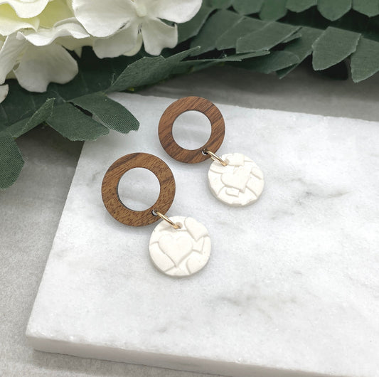 Earrings made with White Polymer Clay Circles Textured with Hearts and Wood Circle Posts PCE-612