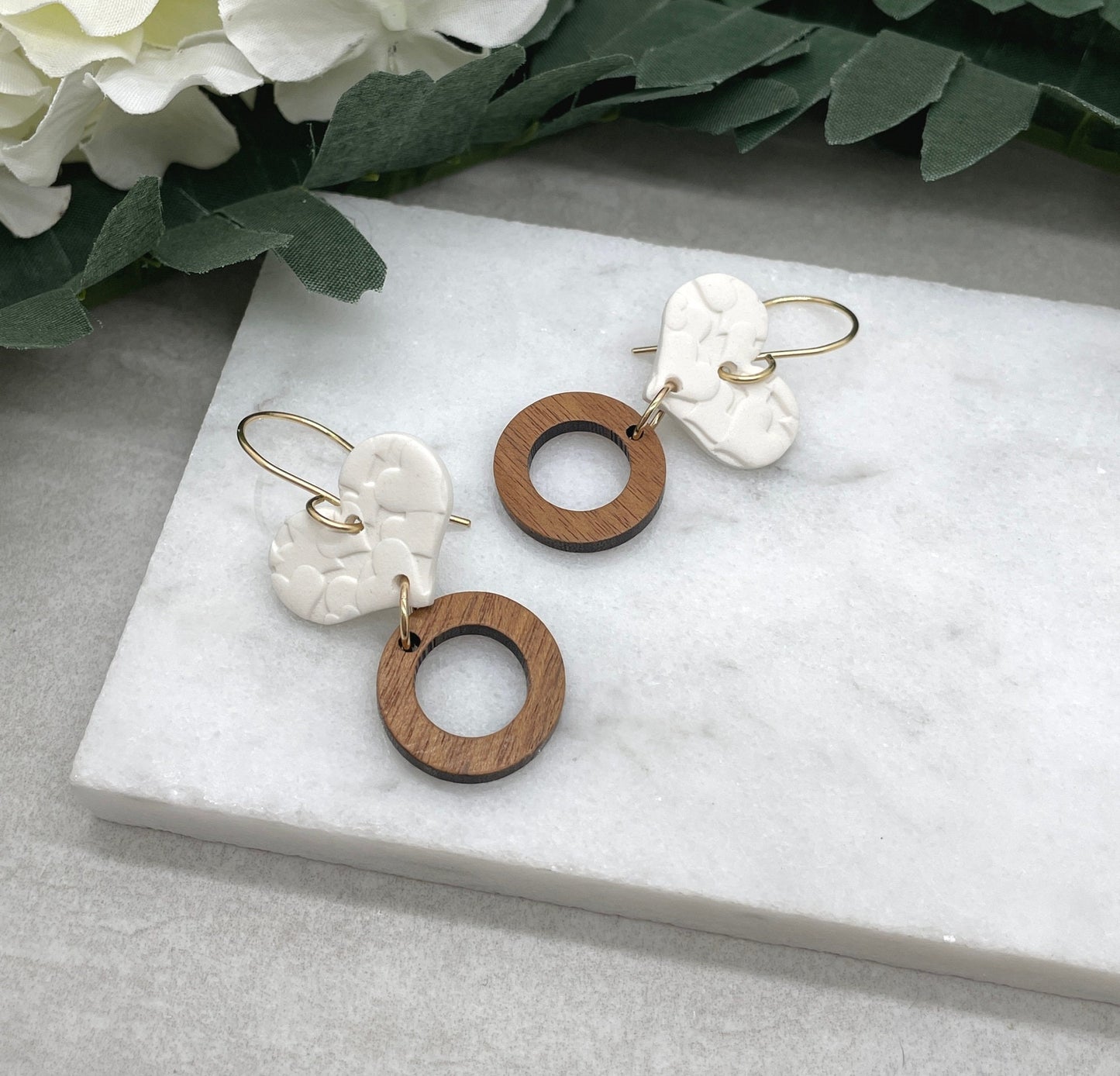Earrings made with White Polymer Clay Hearts Textured with Hearts and Wood Circles on Gold Filled Earring Wires PCE-613
