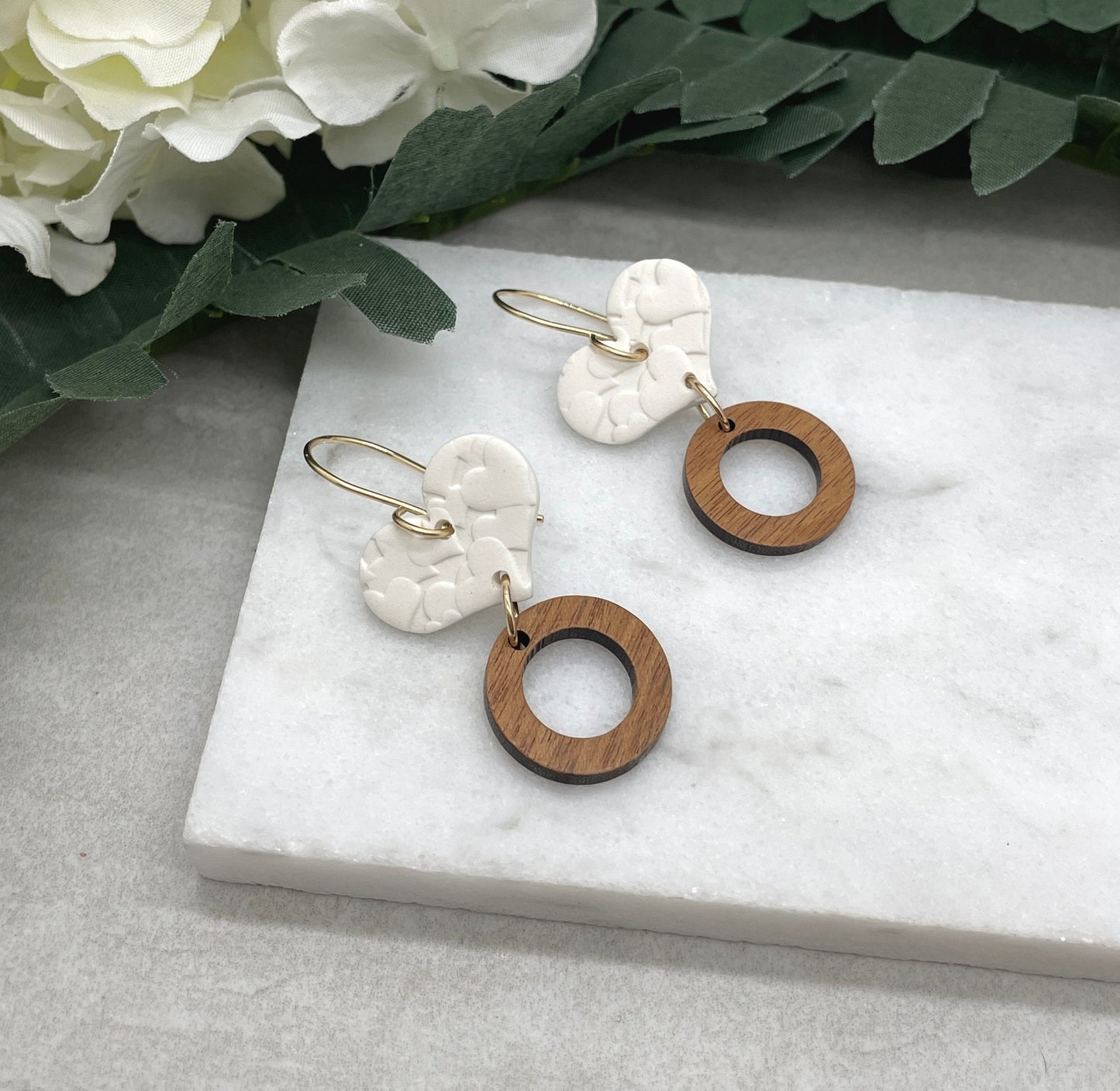 Earrings made with White Polymer Clay Hearts Textured with Hearts and Wood Circles on Gold Filled Earring Wires PCE-613