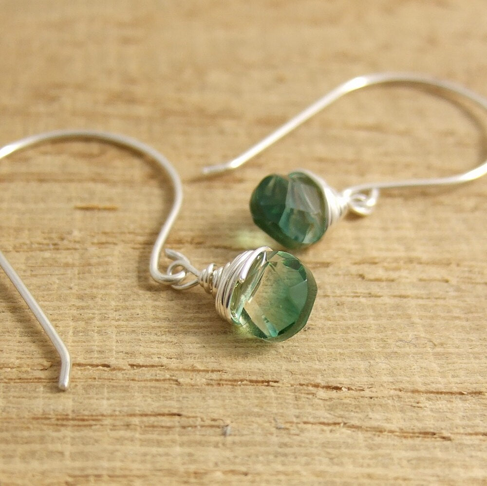 Earrings with Large French Wires and Wire Wrapped Green/Gold Glass Teardrops HE-347