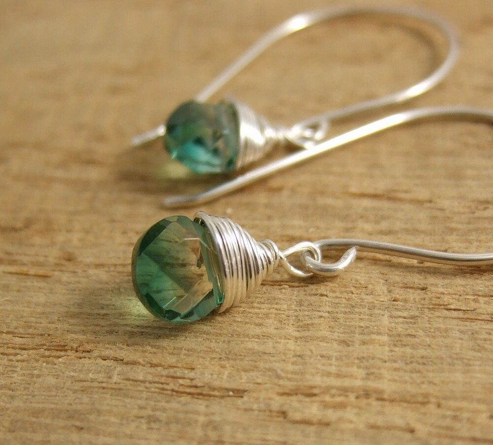 Earrings with Large French Wires and Wire Wrapped Green/Gold Glass Teardrops HE-347