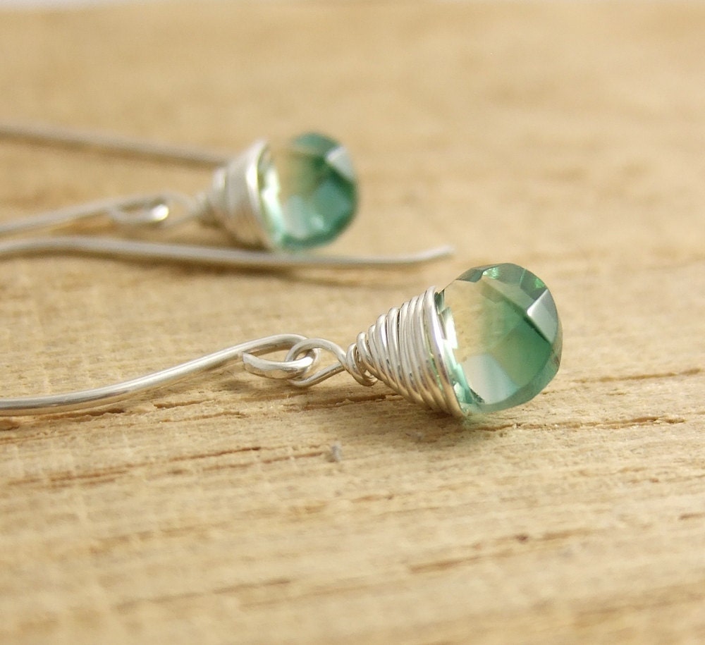 Earrings with Large French Wires and Wire Wrapped Green/Gold Glass Teardrops HE-347