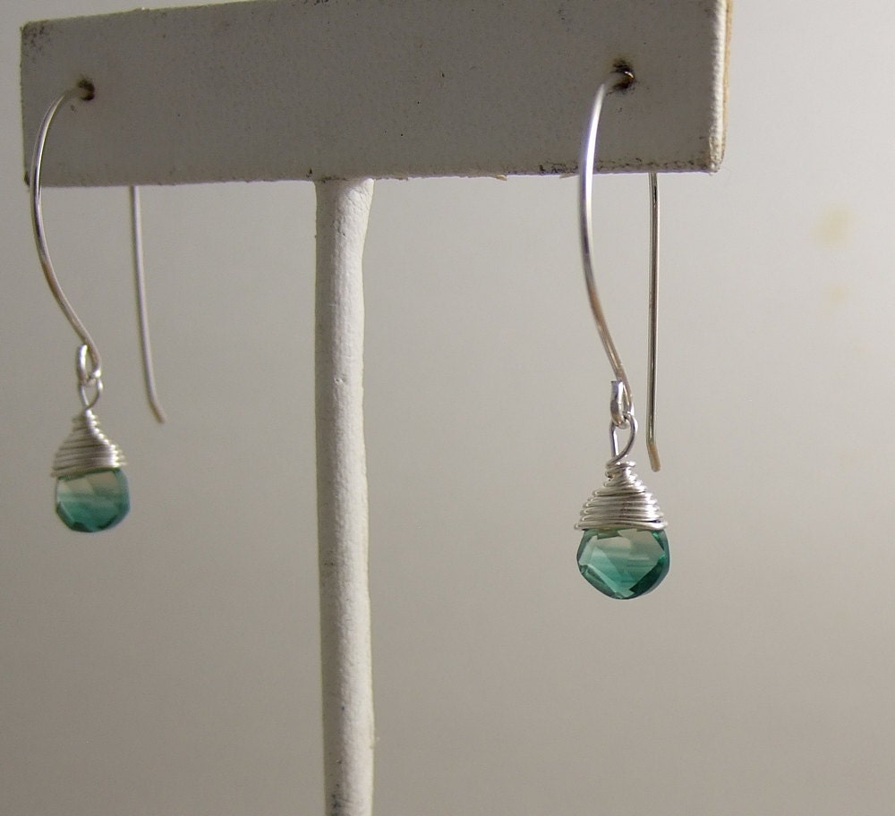 Earrings with Large French Wires and Wire Wrapped Green/Gold Glass Teardrops HE-347